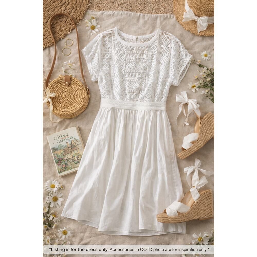 Madewell White Lace Top Dress Size 6 Woven Skirt Casual Summer Party Cotton